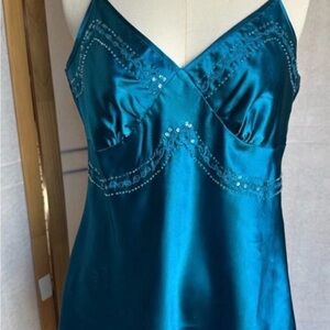 Teal Satin Slip Dress with Embellishments